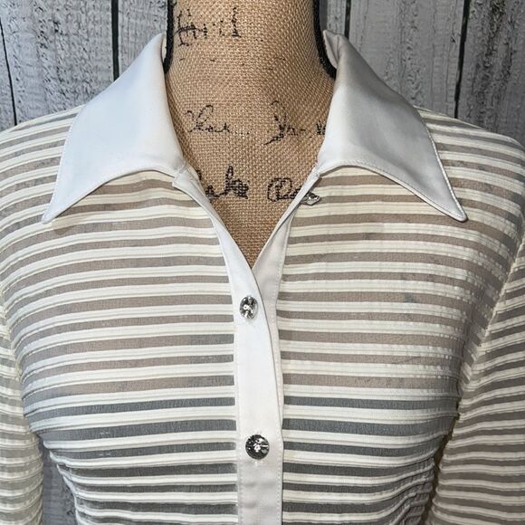 Cyber Y2K French Designer Cream/Ivory White Sheer Striped Blouse size 10 - Picture 3 of 14